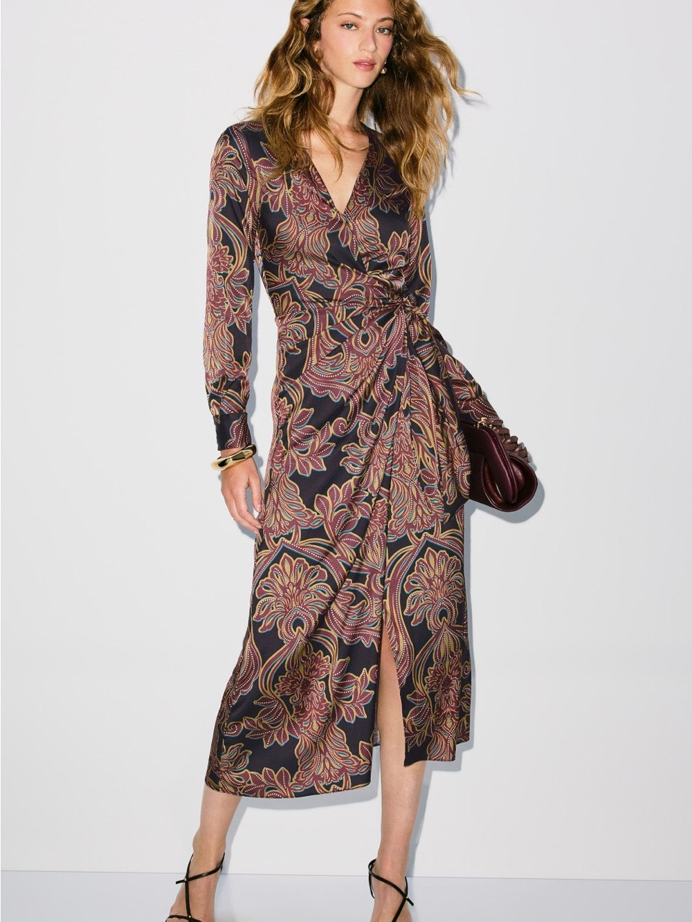 Misa Los Angeles Black Floral Wrap Midi Dress with Burgundy Accents